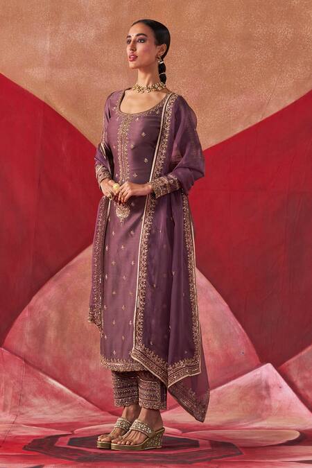 Buy_Jigar Mali_Purple Organza, Chanderi Embroidery Round Neck Dori Hand Kurta Set_Online_at_Aza_Fashions