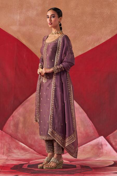 Shop_Jigar Mali_Purple Organza, Chanderi Embroidery Round Neck Dori Hand Kurta Set_Online_at_Aza_Fashions