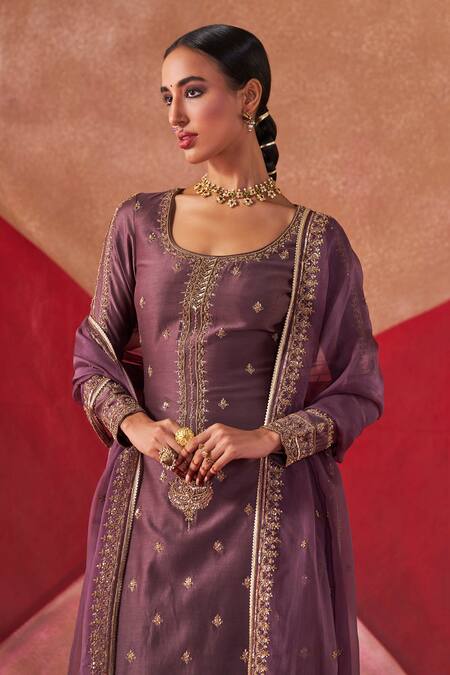 Jigar Mali_Purple Organza, Chanderi Embroidery Round Neck Dori Hand Kurta Set_at_Aza_Fashions