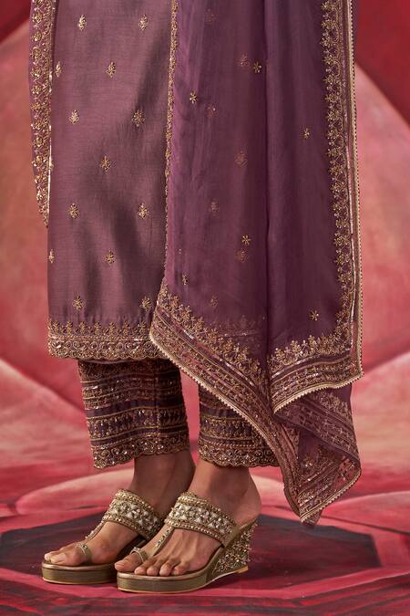Buy_Jigar Mali_Purple Organza, Chanderi Embroidery Round Neck Dori Hand Kurta Set