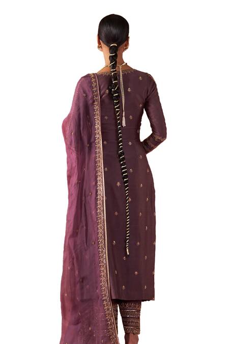 Shop_Jigar Mali_Purple Organza, Chanderi Embroidery Round Neck Dori Hand Kurta Set