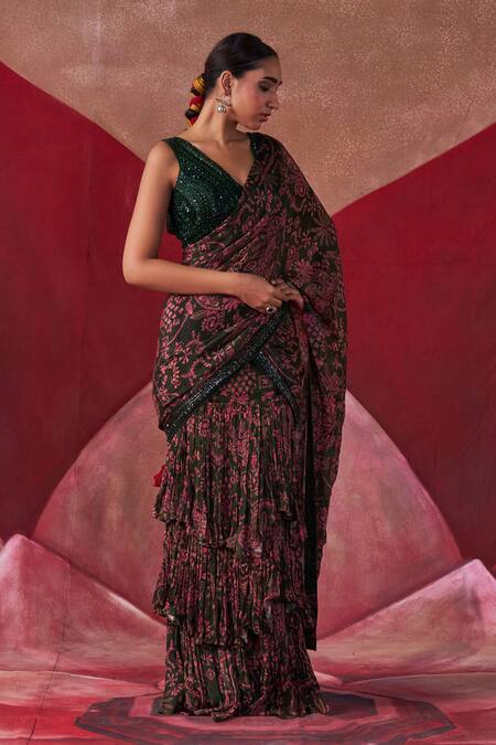Buy_Jigar Mali_Multi Color Net Beads, Sequins Floral Print Pre-draped Ruffle Saree With Blouse_Online_at_Aza_Fashions