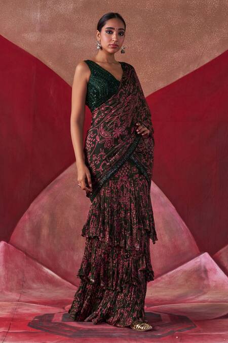 Shop_Jigar Mali_Multi Color Net Beads, Sequins Floral Print Pre-draped Ruffle Saree With Blouse_Online_at_Aza_Fashions