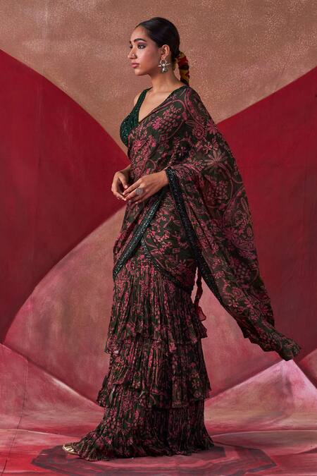Jigar Mali_Multi Color Net Beads, Sequins Floral Print Pre-draped Ruffle Saree With Blouse_at_Aza_Fashions