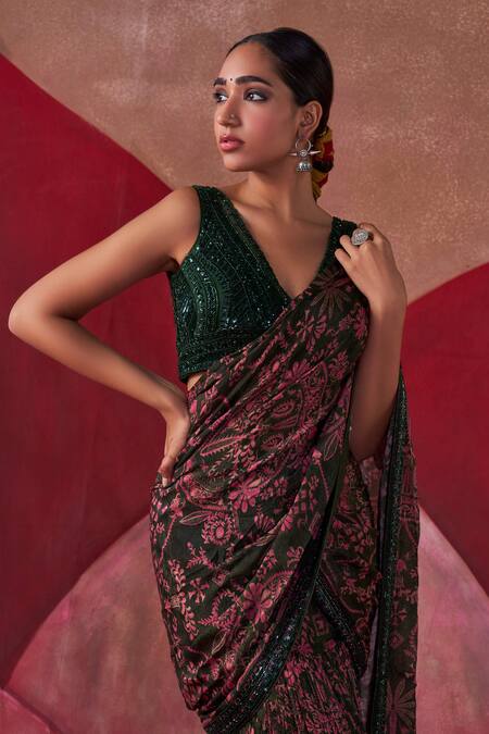 Buy_Jigar Mali_Multi Color Net Beads, Sequins Floral Print Pre-draped Ruffle Saree With Blouse