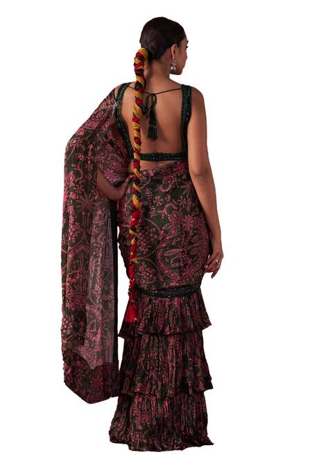 Shop_Jigar Mali_Multi Color Net Beads, Sequins Floral Print Pre-draped Ruffle Saree With Blouse