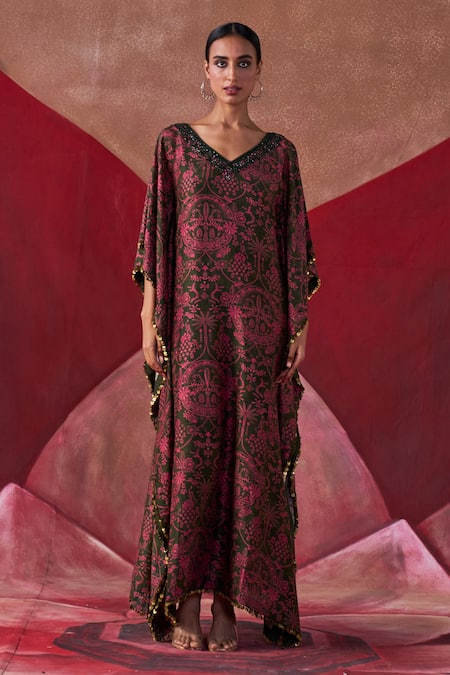 Buy_Jigar Mali_Multi Color Chanderi Silk Embroidery, Floral Print Bead Hand Neckline Kaftan_Online_at_Aza_Fashions