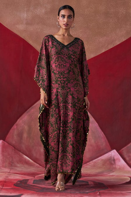 Shop_Jigar Mali_Multi Color Chanderi Silk Embroidery, Floral Print Bead Hand Neckline Kaftan_Online_at_Aza_Fashions