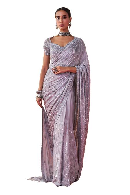 Jigar Mali_Silver Net Sequins, Beads, Embroidery Hand Saree With Blouse _Online_at_Aza_Fashions