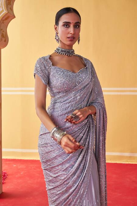 Buy_Jigar Mali_Silver Net Sequins, Beads, Embroidery Hand Saree With Blouse 