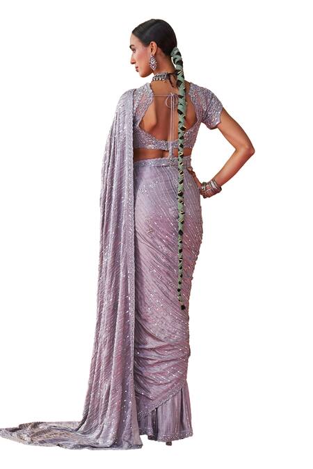 Shop_Jigar Mali_Silver Net Sequins, Beads, Embroidery Hand Saree With Blouse 