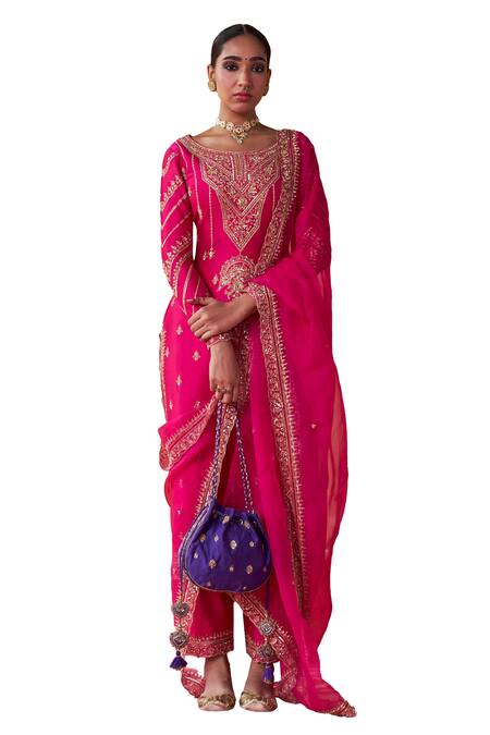 Jigar Mali_Pink Organza, Chanderi Sequins, Beads Scoop Neck Hand Embroidered Kurta Pant Set_Online_at_Aza_Fashions