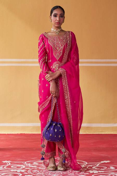 Buy_Jigar Mali_Pink Organza, Chanderi Sequins, Beads Scoop Neck Hand Embroidered Kurta Pant Set_Online_at_Aza_Fashions