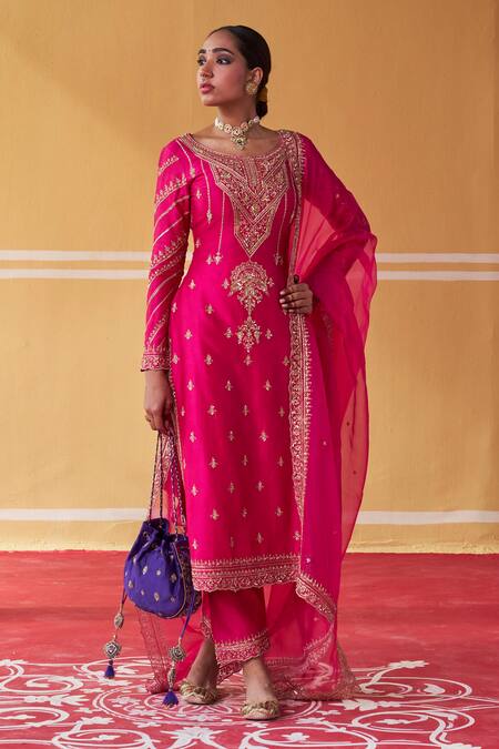 Shop_Jigar Mali_Pink Organza, Chanderi Sequins, Beads Scoop Neck Hand Embroidered Kurta Pant Set_Online_at_Aza_Fashions