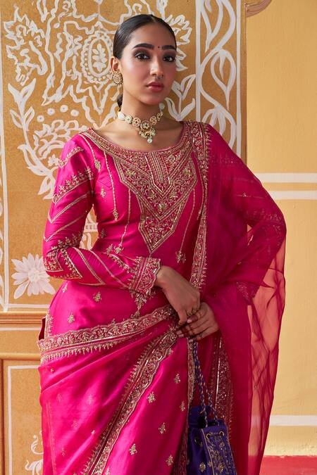 Jigar Mali_Pink Organza, Chanderi Sequins, Beads Scoop Neck Hand Embroidered Kurta Pant Set_at_Aza_Fashions