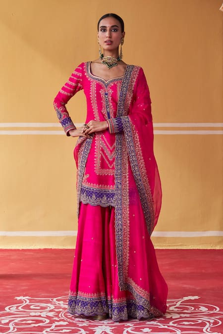 Jigar Mali Pink Chanderi Hand Work Aari Embroidered Straight Kurta Sharara Set 