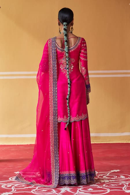 Shop Jigar Mali Pink Organza, Chanderi Sequins, Beads, Aari Straight Kurta Sharara Set at Aza Fashions Shop_Jigar Mali_Pink Organza, Chanderi Sequins, Beads, Aari Straight Kurta Sharara Set _at_Aza_Fashions