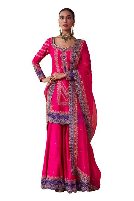 Jigar Mali Pink Organza, Chanderi Sequins, Beads, Aari Straight Kurta Sharara Set Online at Aza Fashions Jigar Mali_Pink Organza, Chanderi Sequins, Beads, Aari Straight Kurta Sharara Set _Online_at_Aza_Fashions