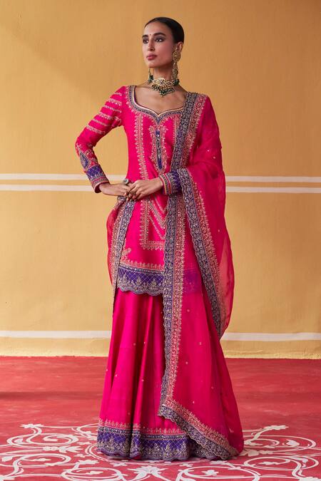 Buy Jigar Mali Pink Organza, Chanderi Sequins, Beads, Aari Straight Kurta Sharara Set Online at Aza Fashions Buy_Jigar Mali_Pink Organza, Chanderi Sequins, Beads, Aari Straight Kurta Sharara Set _Online_at_Aza_Fashions