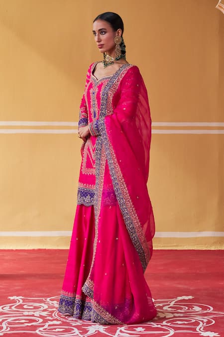 Shop Jigar Mali Pink Organza, Chanderi Sequins, Beads, Aari Straight Kurta Sharara Set Online at Aza Fashions Shop_Jigar Mali_Pink Organza, Chanderi Sequins, Beads, Aari Straight Kurta Sharara Set _Online_at_Aza_Fashions