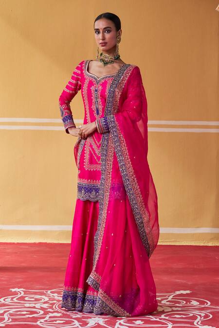 Jigar Mali Pink Organza, Chanderi Sequins, Beads, Aari Straight Kurta Sharara Set at Aza Fashions Jigar Mali_Pink Organza, Chanderi Sequins, Beads, Aari Straight Kurta Sharara Set _at_Aza_Fashions