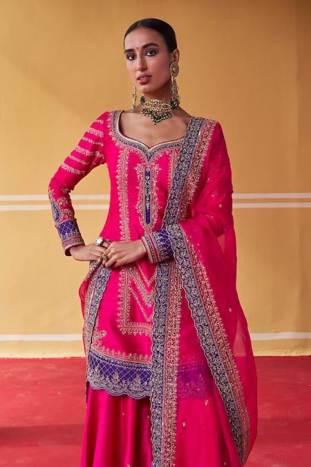 Buy Jigar Mali Pink Organza, Chanderi Sequins, Beads, Aari Straight Kurta Sharara Set Buy_Jigar Mali_Pink Organza, Chanderi Sequins, Beads, Aari Straight Kurta Sharara Set