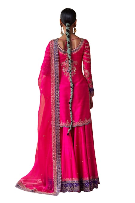 Shop Jigar Mali Pink Organza, Chanderi Sequins, Beads, Aari Straight Kurta Sharara Set Shop_Jigar Mali_Pink Organza, Chanderi Sequins, Beads, Aari Straight Kurta Sharara Set