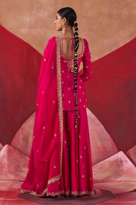Shop Jigar Mali Pink Organza, Chanderi Sequins, Beads, Dori Hand Straight Kurta Sharara Set at Aza Fashions Shop_Jigar Mali_Pink Organza, Chanderi Sequins, Beads, Dori Hand Straight Kurta Sharara Set _at_Aza_Fashions
