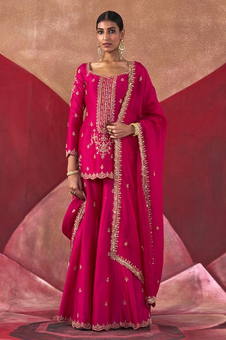 Jigar Mali Pink Organza, Chanderi Sequins, Beads, Dori Hand Straight Kurta Sharara Set Online at Aza Fashions Jigar Mali_Pink Organza, Chanderi Sequins, Beads, Dori Hand Straight Kurta Sharara Set _Online_at_Aza_Fashions