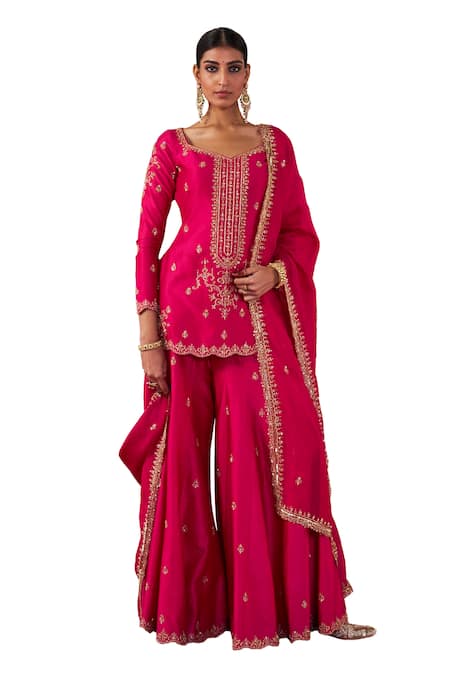 Buy Jigar Mali Pink Organza, Chanderi Sequins, Beads, Dori Hand Straight Kurta Sharara Set Online at Aza Fashions Buy_Jigar Mali_Pink Organza, Chanderi Sequins, Beads, Dori Hand Straight Kurta Sharara Set _Online_at_Aza_Fashions