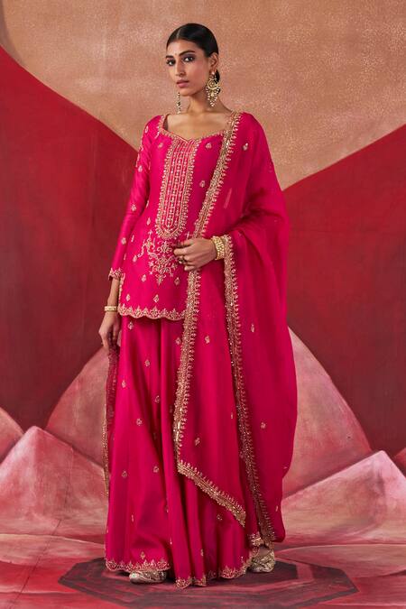 Shop Jigar Mali Pink Organza, Chanderi Sequins, Beads, Dori Hand Straight Kurta Sharara Set Online at Aza Fashions Shop_Jigar Mali_Pink Organza, Chanderi Sequins, Beads, Dori Hand Straight Kurta Sharara Set _Online_at_Aza_Fashions