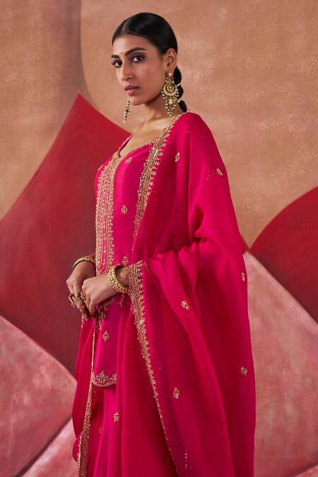 Jigar Mali Pink Organza, Chanderi Sequins, Beads, Dori Hand Straight Kurta Sharara Set at Aza Fashions Jigar Mali_Pink Organza, Chanderi Sequins, Beads, Dori Hand Straight Kurta Sharara Set _at_Aza_Fashions