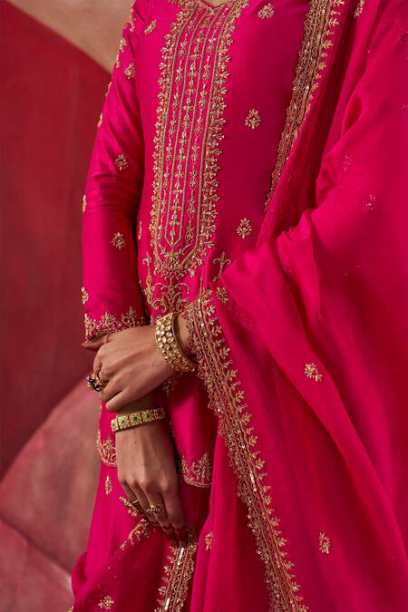 Buy Jigar Mali Pink Organza, Chanderi Sequins, Beads, Dori Hand Straight Kurta Sharara Set Buy_Jigar Mali_Pink Organza, Chanderi Sequins, Beads, Dori Hand Straight Kurta Sharara Set