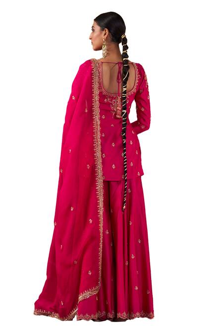 Shop Jigar Mali Pink Organza, Chanderi Sequins, Beads, Dori Hand Straight Kurta Sharara Set Shop_Jigar Mali_Pink Organza, Chanderi Sequins, Beads, Dori Hand Straight Kurta Sharara Set