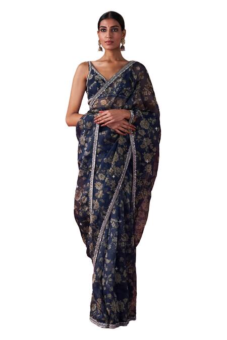 Jigar Mali_Multi Color Organza, Chanderi Rose Pattern Hand Embroidered Saree With Blouse_Online_at_Aza_Fashions