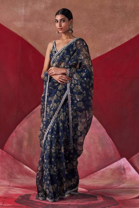 Buy_Jigar Mali_Multi Color Organza, Chanderi Rose Pattern Hand Embroidered Saree With Blouse_Online_at_Aza_Fashions