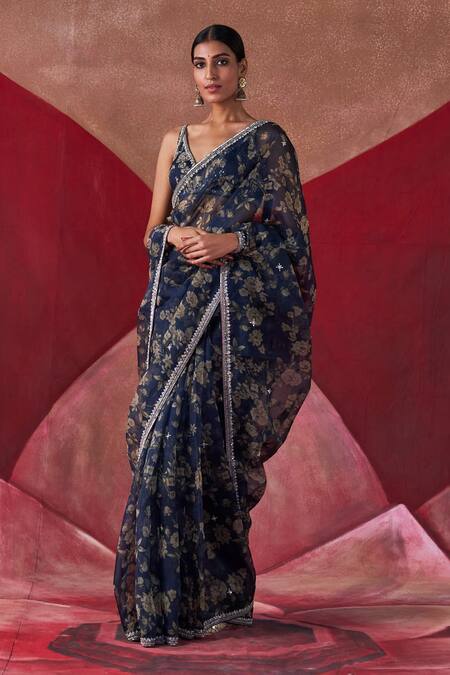 Shop_Jigar Mali_Multi Color Organza, Chanderi Rose Pattern Hand Embroidered Saree With Blouse_Online_at_Aza_Fashions