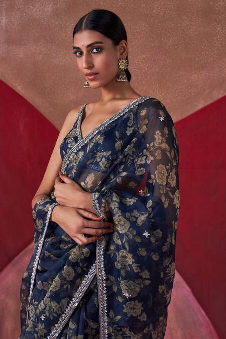 Jigar Mali_Multi Color Organza, Chanderi Rose Pattern Hand Embroidered Saree With Blouse_at_Aza_Fashions