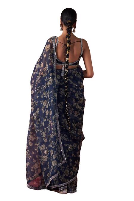 Buy_Jigar Mali_Multi Color Organza, Chanderi Rose Pattern Hand Embroidered Saree With Blouse