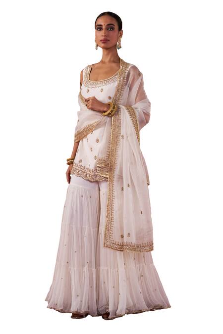Jigar Mali_Ivory Organza, Silk Beads, Sequins Aari Embroidered Straight Kurta Gharara Set_Online_at_Aza_Fashions