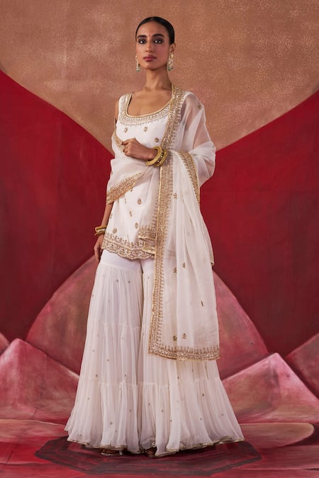 Buy_Jigar Mali_Ivory Organza, Silk Beads, Sequins Aari Embroidered Straight Kurta Gharara Set_Online_at_Aza_Fashions