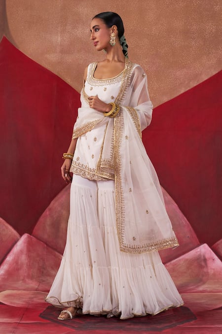 Shop_Jigar Mali_Ivory Organza, Silk Beads, Sequins Aari Embroidered Straight Kurta Gharara Set_Online_at_Aza_Fashions
