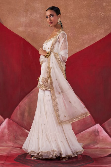 Jigar Mali_Ivory Organza, Silk Beads, Sequins Aari Embroidered Straight Kurta Gharara Set_at_Aza_Fashions