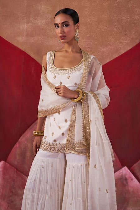 Buy_Jigar Mali_Ivory Organza, Silk Beads, Sequins Aari Embroidered Straight Kurta Gharara Set