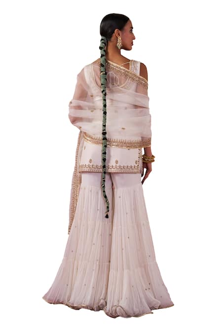 Shop_Jigar Mali_Ivory Organza, Silk Beads, Sequins Aari Embroidered Straight Kurta Gharara Set
