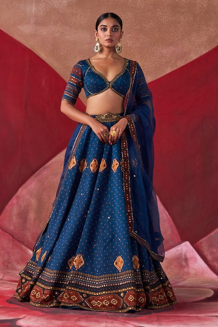 Jigar Mali Blue Chanderi Hand Embroidered Dori Plunge Neck Lehenga Set 