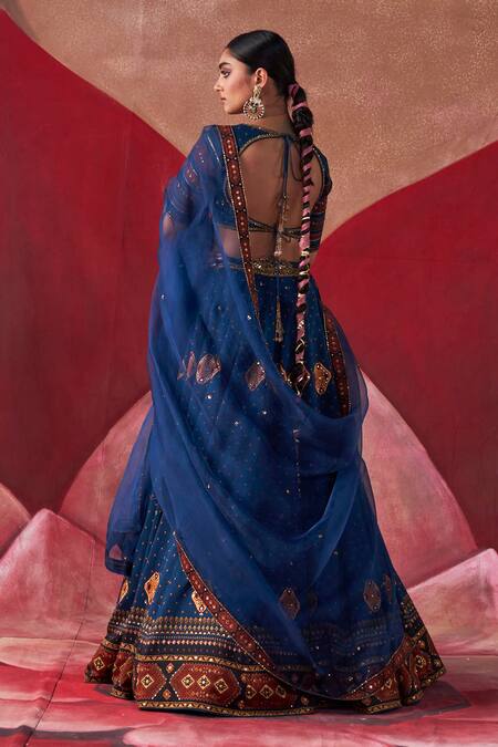 Shop Jigar Mali Blue Organza, Chanderi Embroidery, Diamonds Plunge Neck Dori Hand Lehenga Set at Aza Fashions Shop_Jigar Mali_Blue Organza, Chanderi Embroidery, Diamonds Plunge Neck Dori Hand Lehenga Set_at_Aza_Fashions