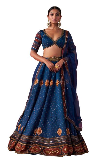 Jigar Mali Blue Organza, Chanderi Embroidery, Diamonds Plunge Neck Dori Hand Lehenga Set Online at Aza Fashions Jigar Mali_Blue Organza, Chanderi Embroidery, Diamonds Plunge Neck Dori Hand Lehenga Set_Online_at_Aza_Fashions