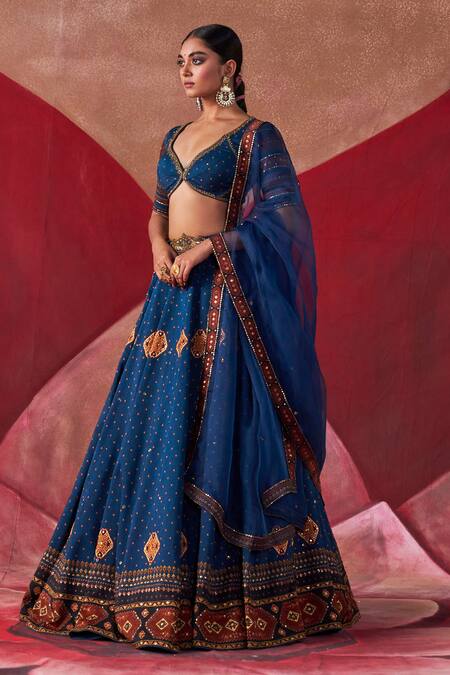Buy Jigar Mali Blue Organza, Chanderi Embroidery, Diamonds Plunge Neck Dori Hand Lehenga Set Online at Aza Fashions Buy_Jigar Mali_Blue Organza, Chanderi Embroidery, Diamonds Plunge Neck Dori Hand Lehenga Set_Online_at_Aza_Fashions