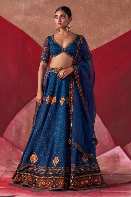 Shop Jigar Mali Blue Organza, Chanderi Embroidery, Diamonds Plunge Neck Dori Hand Lehenga Set Online at Aza Fashions Shop_Jigar Mali_Blue Organza, Chanderi Embroidery, Diamonds Plunge Neck Dori Hand Lehenga Set_Online_at_Aza_Fashions